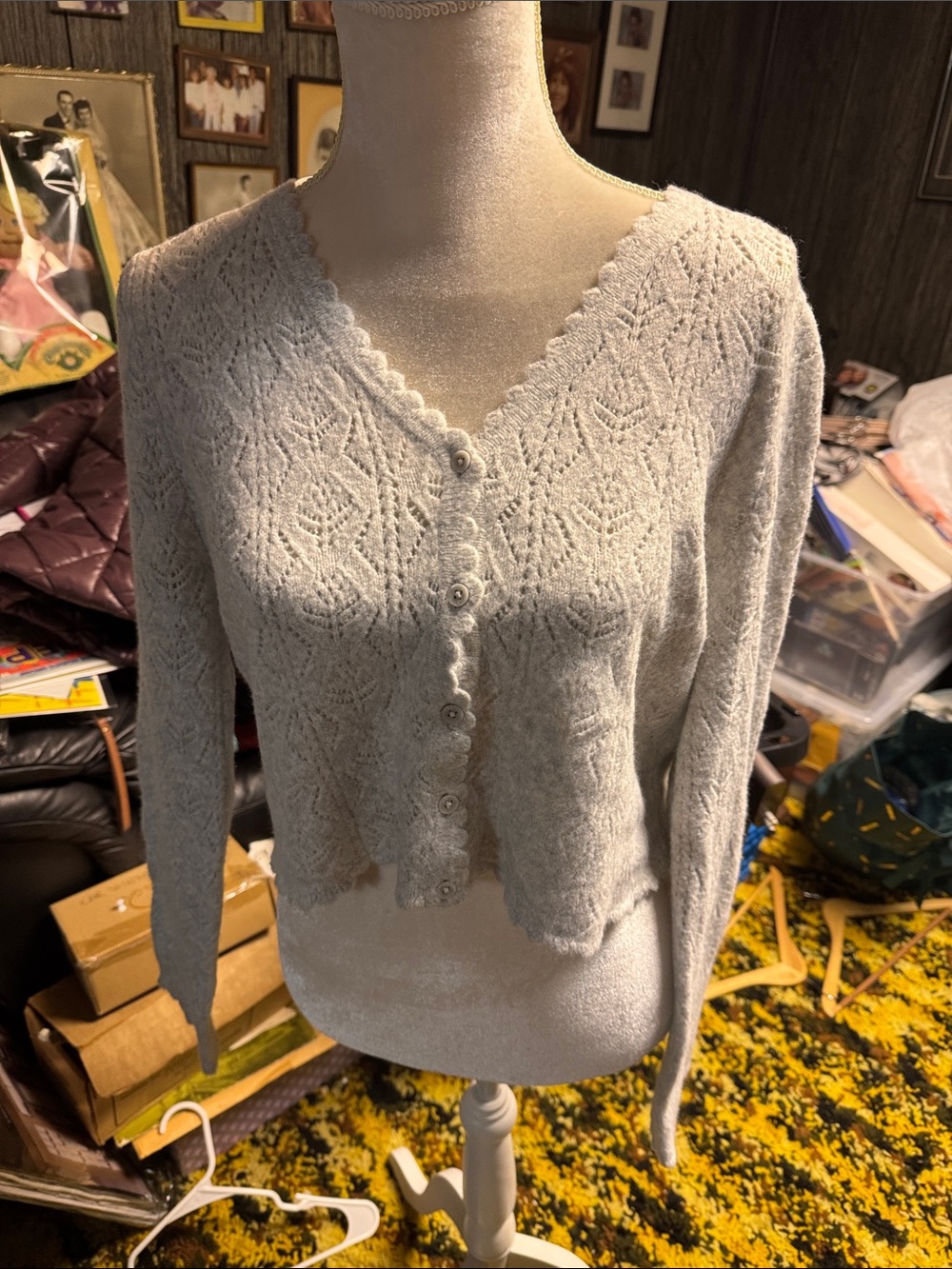 Universal Thread Light Gray Lace-Pattern Button Front Cardigan